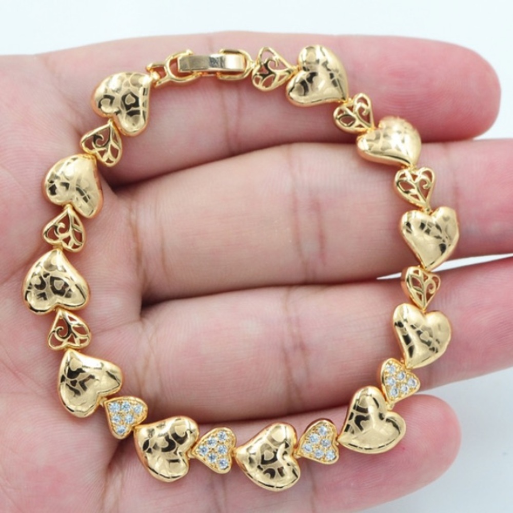 18K Yellow Gold Filled Clear Mystic Topaz Laser Stamped Love Heart Link Bracelet